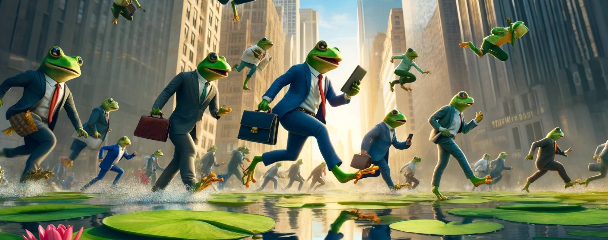 Frogs hopping in a pond like city