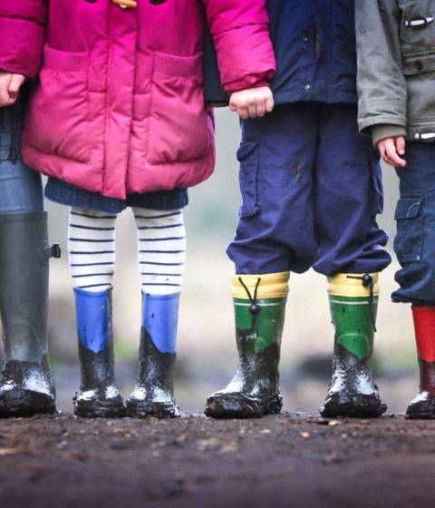 Picture of children wearing muddied rainboots 