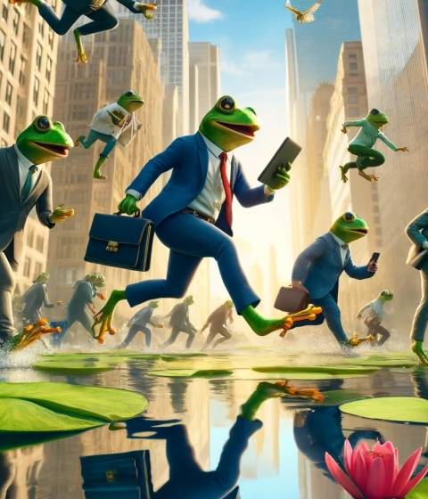Frogs hopping in a pond like city