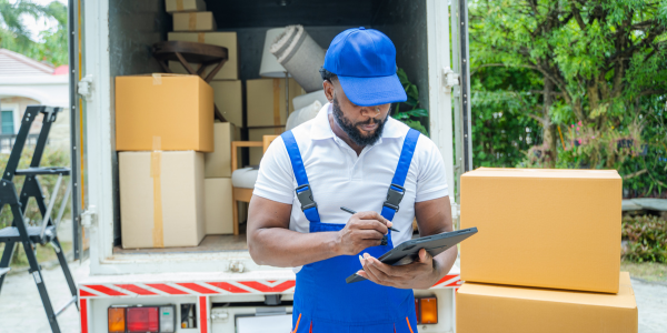 Man infront of a truck with boxes